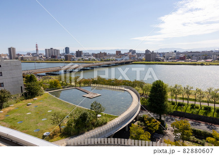 新潟市民芸術文化会館の屋上庭園から見る信濃川 82880607