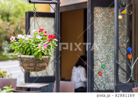 レストランの店先に飾られた鉢植えの花 82881169