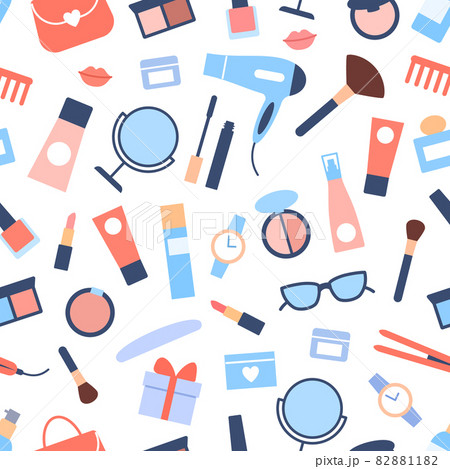 Women accessories seamless pattern. Color cosmetics objects for fashion look on white background. Lipstick, mascara eyeshadow perfume watch brush. Wrapping paper, wallpaper design illustration. Women accessories seamless pattern. Color cosmetics objects for fashion look on white background. Lipstick, mascara eyeshadow perfume watch brush. Wrapping paper, wallpaper design illustration. 82881182