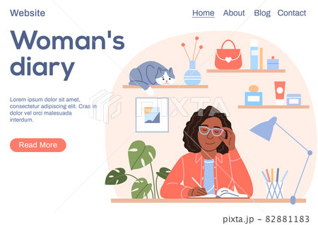 Attractive black woman writes diary landing page template. Young flat sitting afro girl portrait with pen plans in organizer, draws creative page or journal. Website layout cartoon illustration Attractive black woman writes diary landing page template. Young flat sitting afro girl portrait with pen plans in organizer, draws creative page or journal. Website layout cartoon illustration 82881183