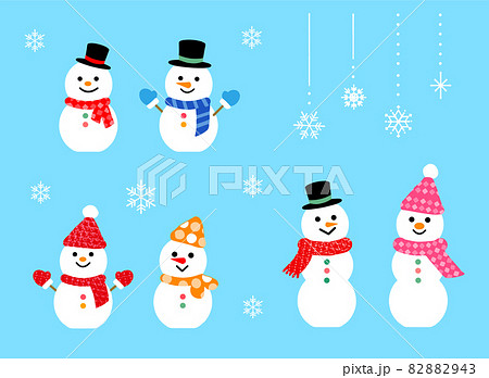 かわいい雪だるまと雪の結晶セット 冬イメージ クリスマス 笑顔 ベクター素材のイラスト素材 43