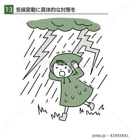 カッパを着て大雨の中を走るシンプルなsdgsのイラスト 気候変動に具体的な対策をのイラスト素材 8681
