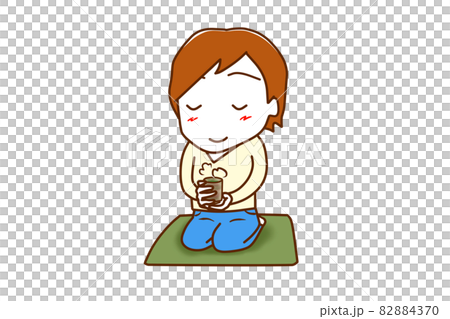 全身 斜め 正座して座布団に座り日本茶をゆっくり楽しんで飲む白人男性のイラスト素材 4370