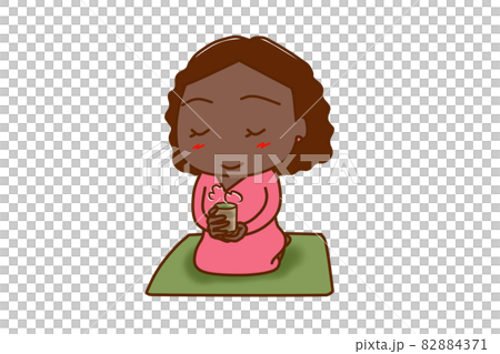 全身 斜め 正座して座布団に座り日本茶をゆっくり楽しんで飲むアフリカ系女性のイラスト素材 4371 全身 斜め 正座して座布団に座り日本茶をゆっくり楽しんで飲むアフリカ系女性のイラスト素材 4371