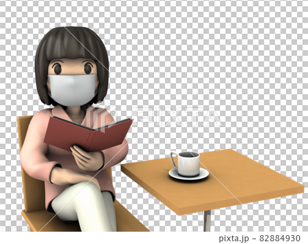 一個年輕的女人在看書享受慢生活。白色背景。 3D 渲染。 82884930