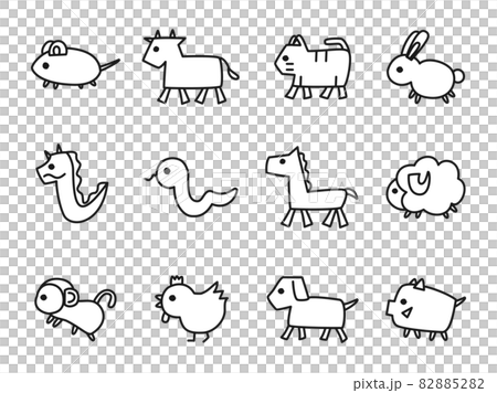 シンプルでゆるい十二支のイラストのセット シンプルでゆるい十二支のイラストのセット 82885282