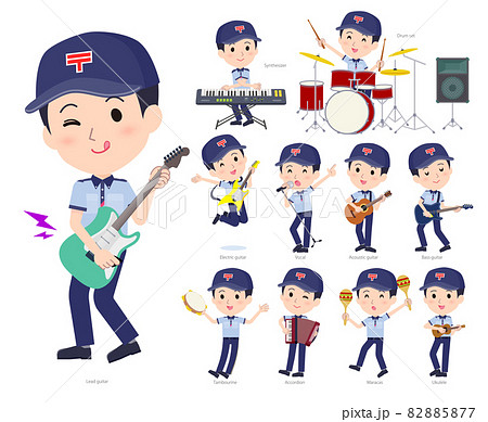 ロックンロールやポップミュージックを演奏する郵便配達員男性のセット 82885877