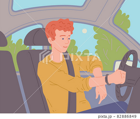 Modern man driver driving car down the street, flat vector illustration. 82886849
