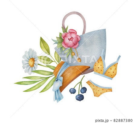Watercolor summer composition on the light background. Bright hand-painted illustration with flower, bag, hat, bikini and berry. 82887380