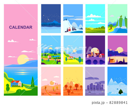 Calendar landscape natural backgrounds of four seasons. Set 12 minimalistic cartoon flat design seasons background 82889841