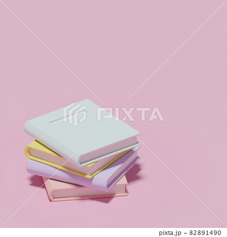 3dレンダリング 3dイラスト ピンクの正方形の背景に淡い色のミニチュア風の本 積む 読書 スペースのイラスト素材 1490