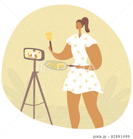 Cooking video blog. Female food blogger is recording video for followers. Women vlog or show channel with culinary tutorial. Hand drawn vector illustration Cooking video blog. Female food blogger is recording video for followers. Women vlog or show channel with culinary tutorial. Hand drawn vector illustration 82891499