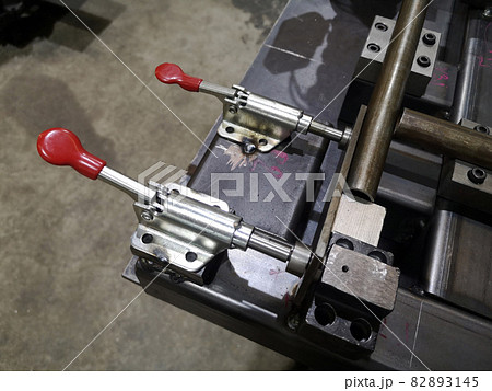 Close up clamping jig and workpieces with manual quick clamp for  welding process at factory     82893145