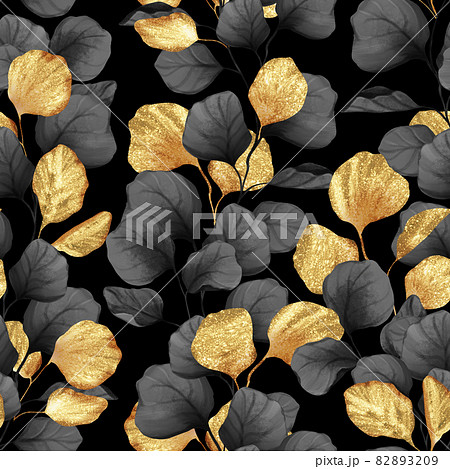 Floral seamless pattern with black and gold leaves. Decorative background. Floral seamless pattern with black and gold leaves. Decorative background. 82893209