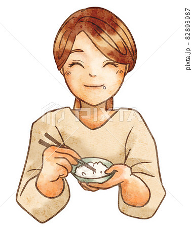 笑顔でお米を食べる女性のイラスト素材 3987