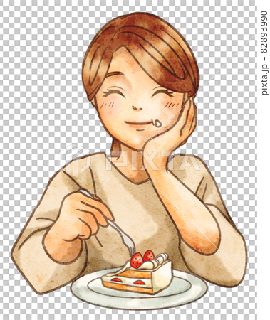 笑顔でケーキを食べる女性のイラスト素材 3990