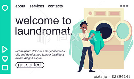 Laundromat self service website banner template, flat vector illustration. Laundromat self service website banner template, flat vector illustration. 82894145