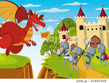 Knights fight with dragon at the castle 82895408