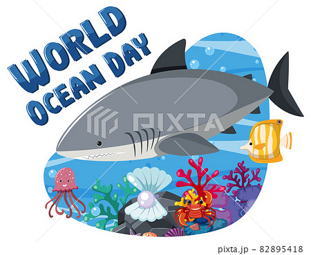 World Ocean Day banner with a big shark and sea animals 82895418