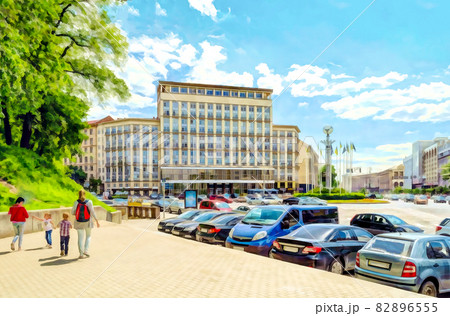 oil painting, view of Kiev square, woman with children, cars, Ukrainian city, illustration oil painting, view of Kiev square, woman with children, cars, Ukrainian city, illustration 82896555