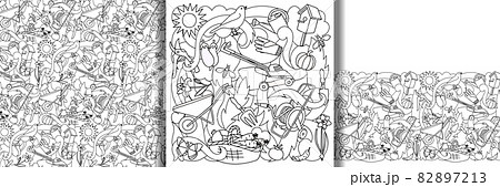 Garden print and seamless border and pattern set 82897213