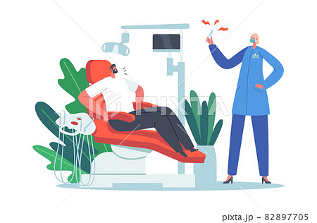 Man Sitting in Medical Chair in Stomatologist Cabinet Feel Fear before Dental Treatment. Doctor Conduct Teeth Check Up Man Sitting in Medical Chair in Stomatologist Cabinet Feel Fear before Dental Treatment. Doctor Conduct Teeth Check Up 82897705