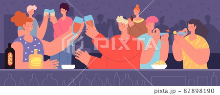 Bar party. New year, birthday celebrating, friends celebrate and drinking together. Happy time, vacation or holidays vector illustration Bar party. New year, birthday celebrating, friends celebrate and drinking together. Happy time, vacation or holidays vector illustration 82898190