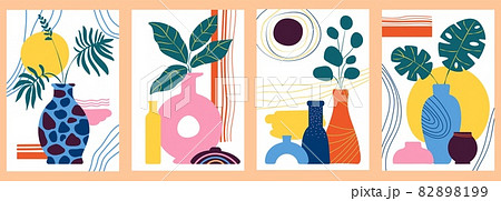 Abstract vases poster. Vase shapes, art minimal cards with flower and tropical plant. Contemporary nature banner, aesthetics decent vector background Abstract vases poster. Vase shapes, art minimal cards with flower and tropical plant. Contemporary nature banner, aesthetics decent vector background 82898199