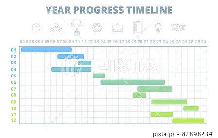Project schedule. Year timeline, work development chart template. Gantt diagramm for business startup, infographic calendar. Planning utter vector scheme Project schedule. Year timeline, work development chart template. Gantt diagramm for business startup, infographic calendar. Planning utter vector scheme 82898234