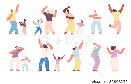 Dancing family. Happy dancer children, activities isolated parents and kids. Joyful people, laughing mother dad daughter. Music party utter vector characters Dancing family. Happy dancer children, activities isolated parents and kids. Joyful people, laughing mother dad daughter. Music party utter vector characters 82898235