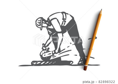 Cutting, tile, worker, repairing, construction concept. Hand drawn isolated vector. 82898322