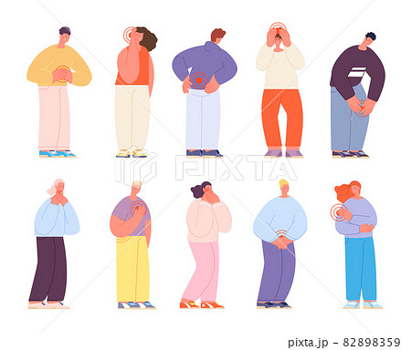 People with pain. Body pains characters, chaes neck or headache. Sick patient, stomach and spine ache. Adult health, sad person trauma utter vector set People with pain. Body pains characters, chaes neck or headache. Sick patient, stomach and spine ache. Adult health, sad person trauma utter vector set 82898359