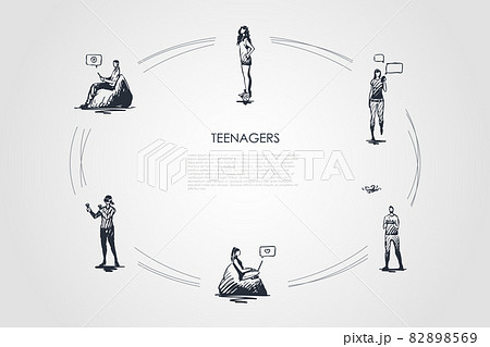 Teenagers - girls and boys playing with modern devices, communicating and riding segway vector concept set 82898569