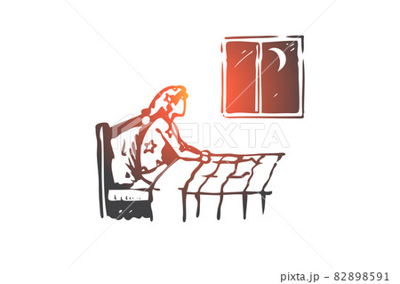 Insomnia, bed, woman, night, problem concept. Hand drawn isolated vector. Insomnia, bed, woman, night, problem concept. Hand drawn isolated vector. 82898591