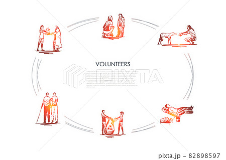 Volunteers - girls and boys helping elderly and homeless people and children, dogs, donating blood and collecting garbage vector concept set 82898597