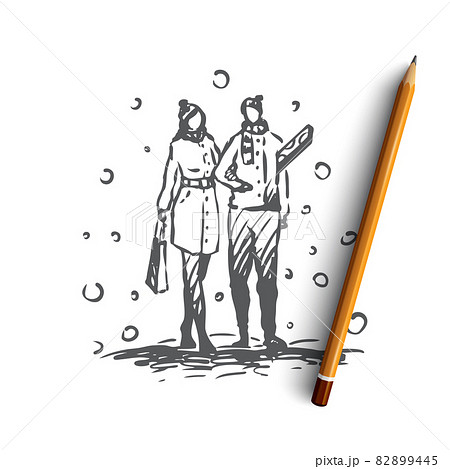 Couple, snow, gifts, holiday, Christmas concept. Hand drawn isolated vector. 82899445