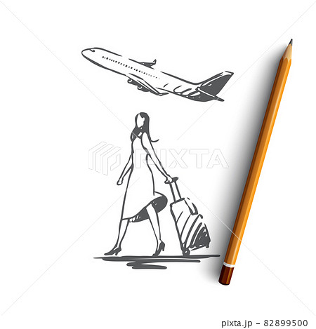 Airplane, woman, tourist, suitcase, flight concept. Hand drawn isolated vector. 82899500