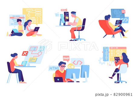Programmers people. Developers at workplace. HTML and PHP coding. IT technologies activity. Apps and websites engineering. Coders works with software programs. Vector engineers set 82900961
