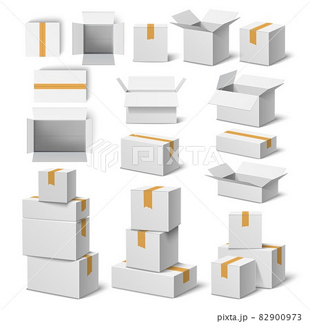 White cardboard boxes. Empty realistic parcels containers with adhesive tape, opened and closed square packages, single and group stacks isolated objects, top and side view elements vector set White cardboard boxes. Empty realistic parcels containers with adhesive tape, opened and closed square packages, single and group stacks isolated objects, top and side view elements vector set 82900973