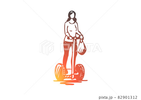 Segway, woman, electric, transport, technology concept. Hand drawn isolated vector. 82901312