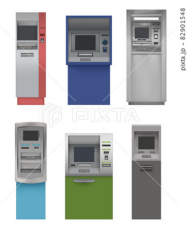 Cash machines. Atm payments automated bank services screen display of atm decent vector realistic pictures set isolated 82901548