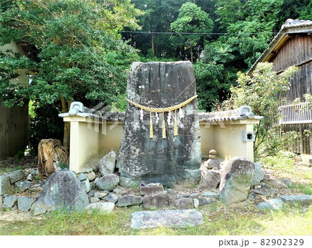 盟神探湯神事を行う立石、甘樫坐神社、明日香村、しめ縄がかかった大きな長方形の石が立っている 82902329