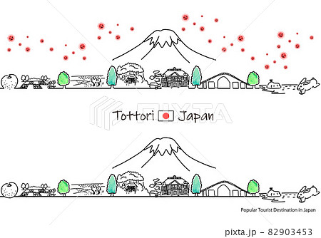 鳥取県の観光地の街並みと新型コロナウイルスのシンプル線画セット 82903453