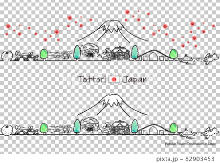 鳥取県の観光地の街並みと新型コロナウイルスのシンプル線画セット 82903453