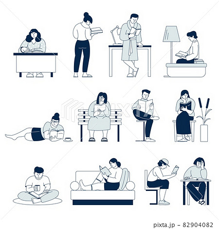 People read books. Adult read book, young person study. Students or readers in library, cozy literature lovers at home. Education, hobby recent vector set 82904082