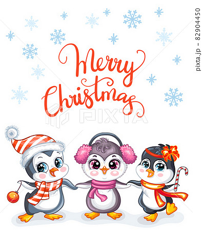 Christmas card with cute penguins and lettering Christmas card with cute penguins and lettering 82904450