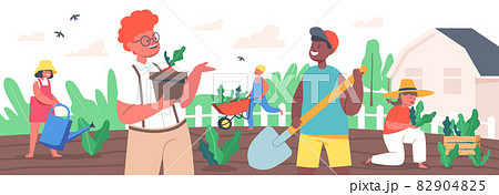 Children Gardening Work. Little Gardeners Boys and Girls Planting and Caring of Plants. Happy Kids Characters Working Children Gardening Work. Little Gardeners Boys and Girls Planting and Caring of Plants. Happy Kids Characters Working 82904825