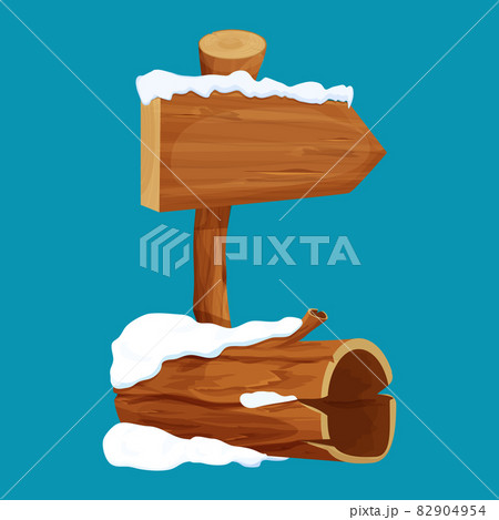 Old tree log and arrow signboard with snow in cartoon style isolated on white background. Wooden textured plank, empty frame. Ui game asset 82904954