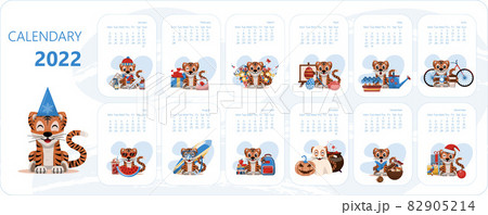 Calendar design template for 2022 year of blue Tiger Chinese new year. Vector stock flat illustration. Cartoon months for calendar 82905214