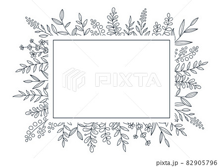 花のデザインフレーム 線画のイラスト 白の背景にネイビーのイラスト素材